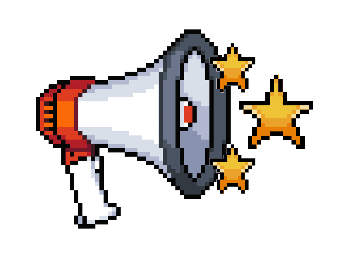 Red and white pixel megaphone exuding yellow stars.