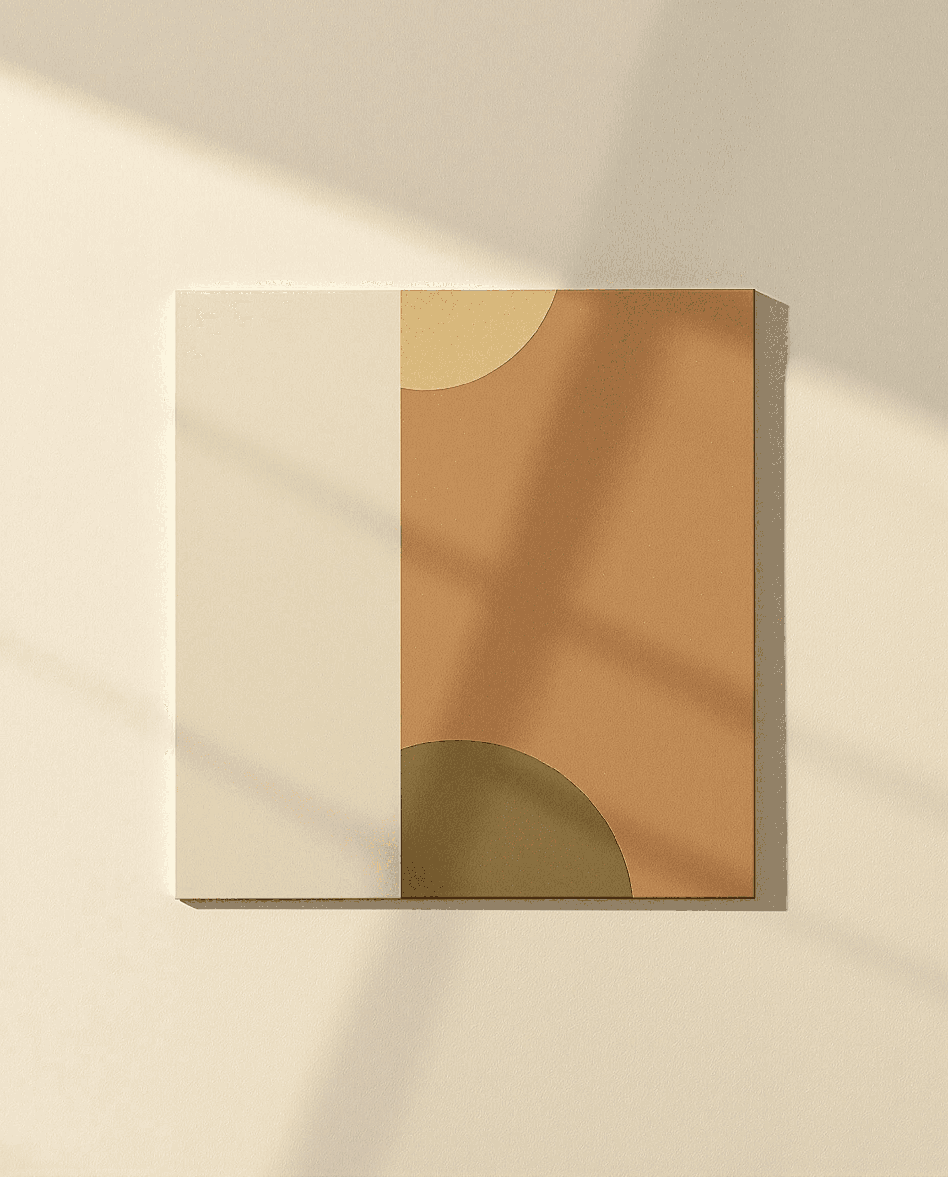 Abstract geometric wall art with warm terracotta, cream, and olive green curved shapes on neutral background with soft window light