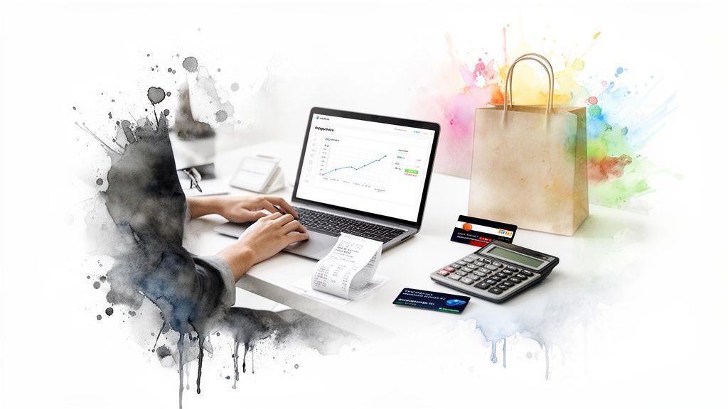 Person using laptop with sales graph, receipt, calculator, credit cards, and shopping bag, depicting online business.