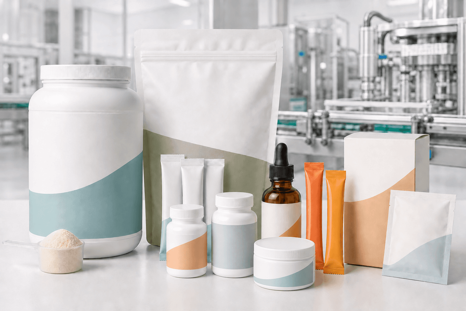 Supplement packaging formats including bottles, jars, tubs, pouches, cartons, sachets, stick packs, and bulk packaging.