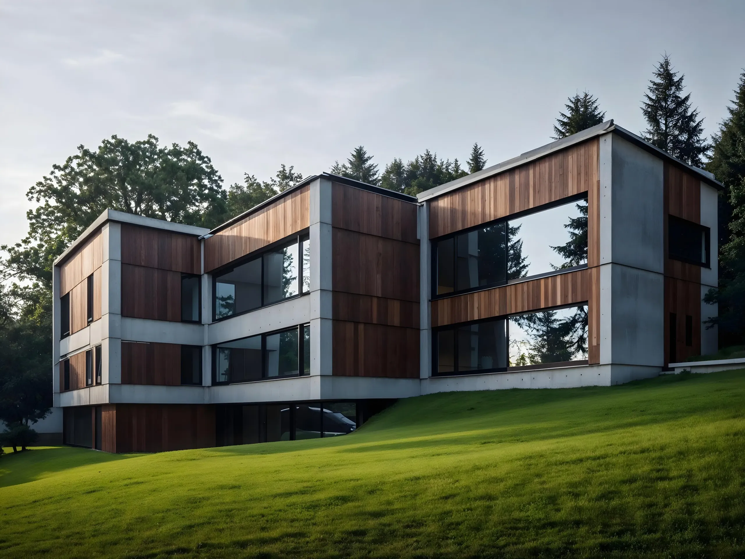 AI-generated photorealistic render of a modern residential building with wood and glass facade surrounded by greenery.