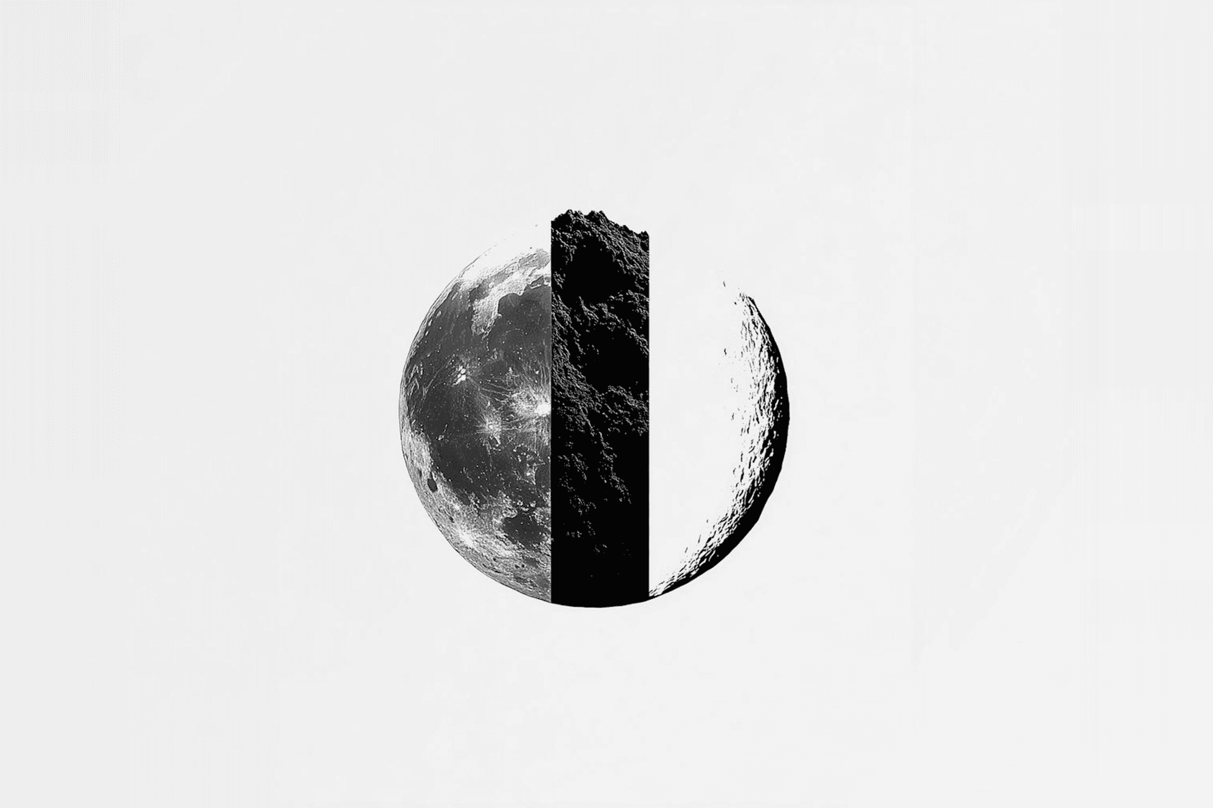Black and white conceptual artwork depicting a stylized view of the Moon with vertical texture and shade divisions.