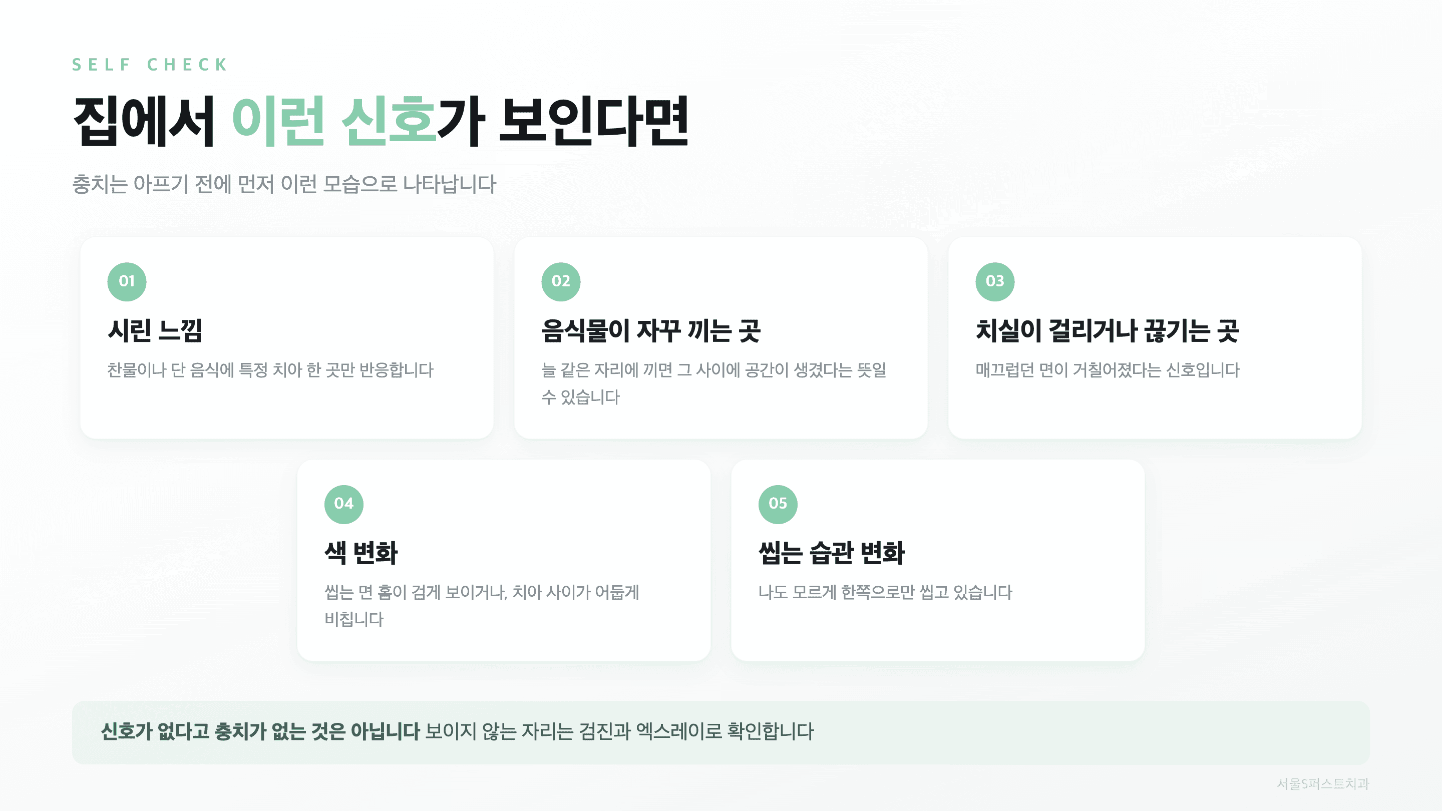 집에서 확인할 수 있는 충치 신호 다섯 가지 인포그래픽: 시린 느낌, 음식물 끼임, 치실 걸림, 색 변화, 씹는 습관 변화