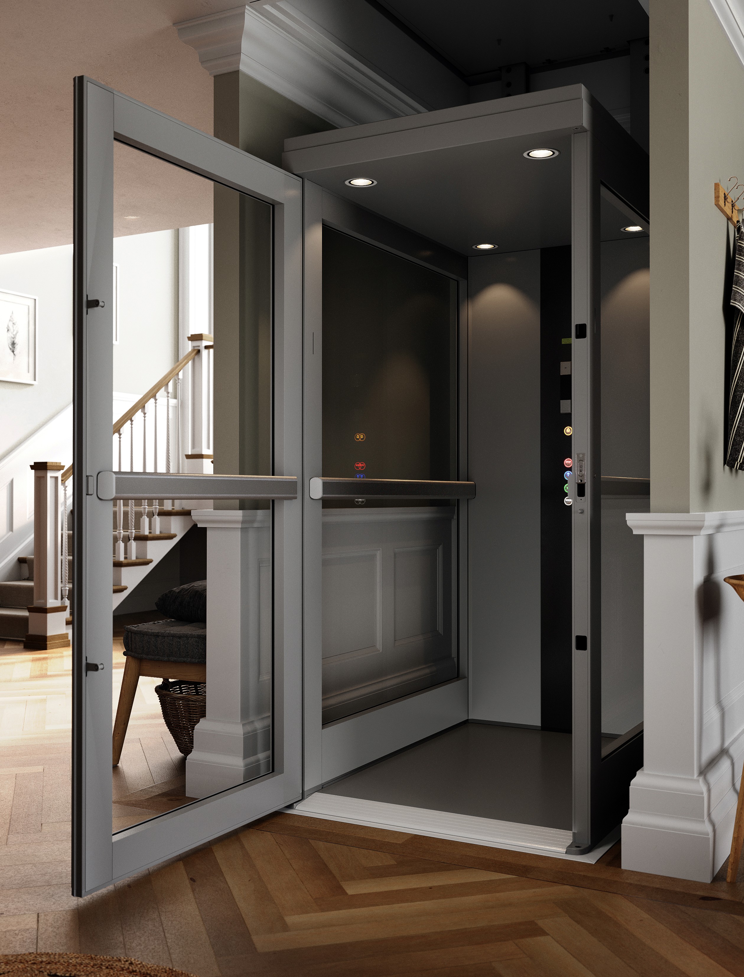 Residential home lift with open glass and aluminium door installed in a traditional UK hallway — dark interior cabin with LED spotlights, floor call panel, and herringbone hardwood flooring with staircase visible in background