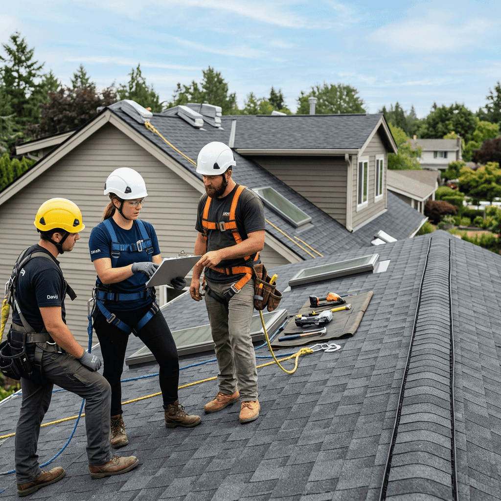 Three roof workers reviewing plans on a shingle roof.