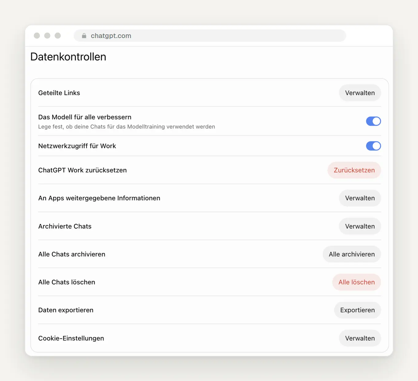 Datenkontrollen in ChatGPT mit dem Schalter Das Modell für alle verbessern