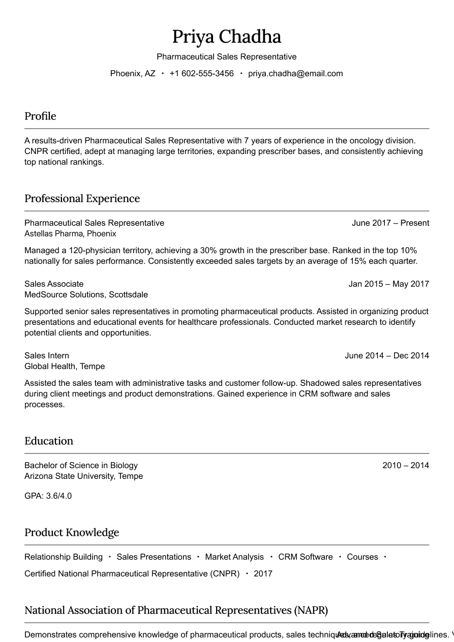 Pharmaceutical sales representative resume example