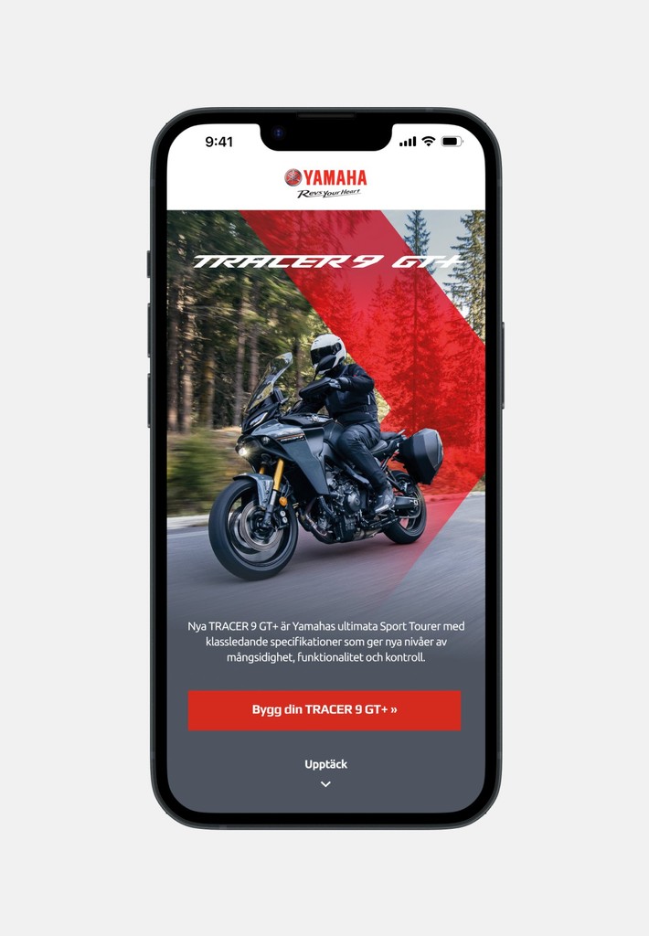 Smartphone mockup showing Yamaha Motors site with a motorcycle and CTA button.