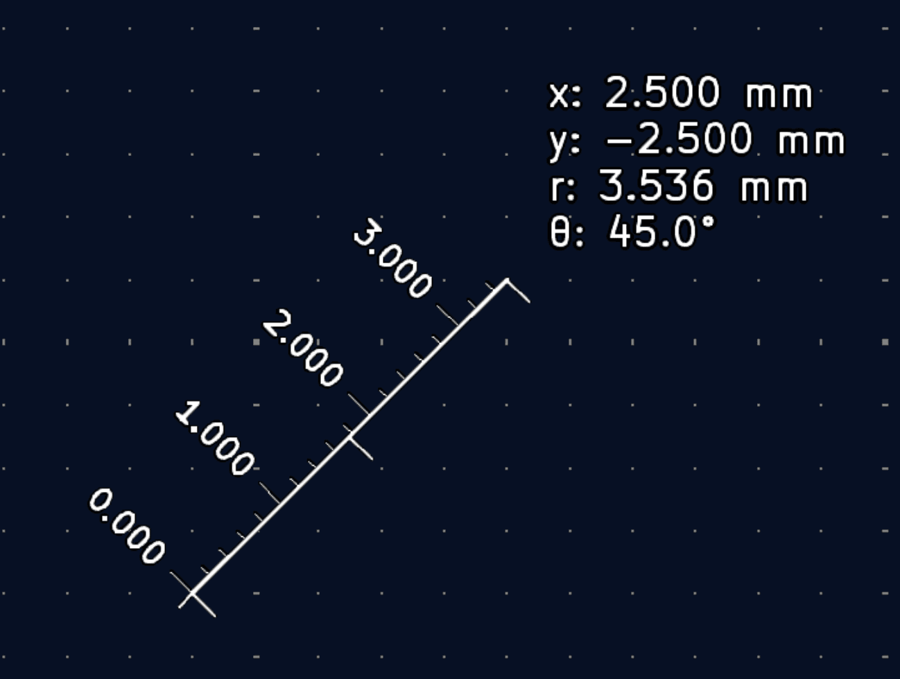 KiCad PCB measurement tool displaying a distance measurement on the board.
