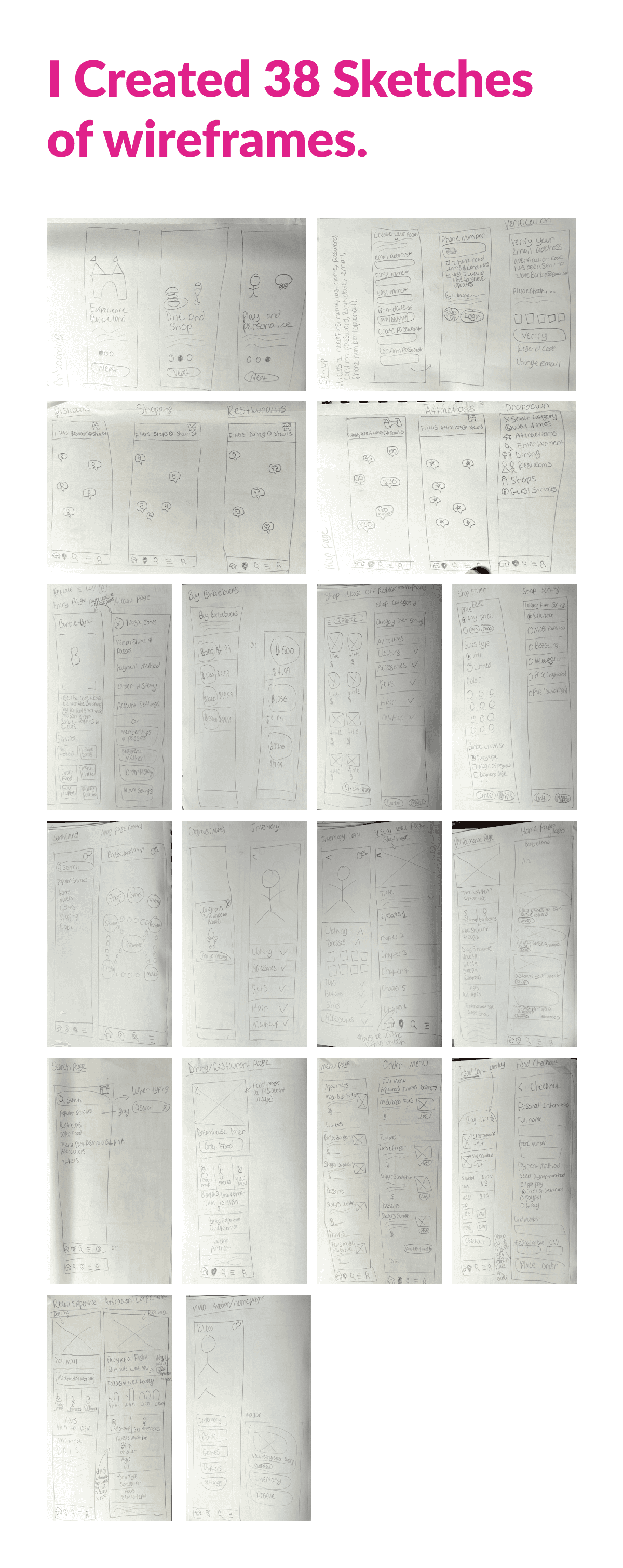 A collage of all the sketches I created for the Barbieland App Design.