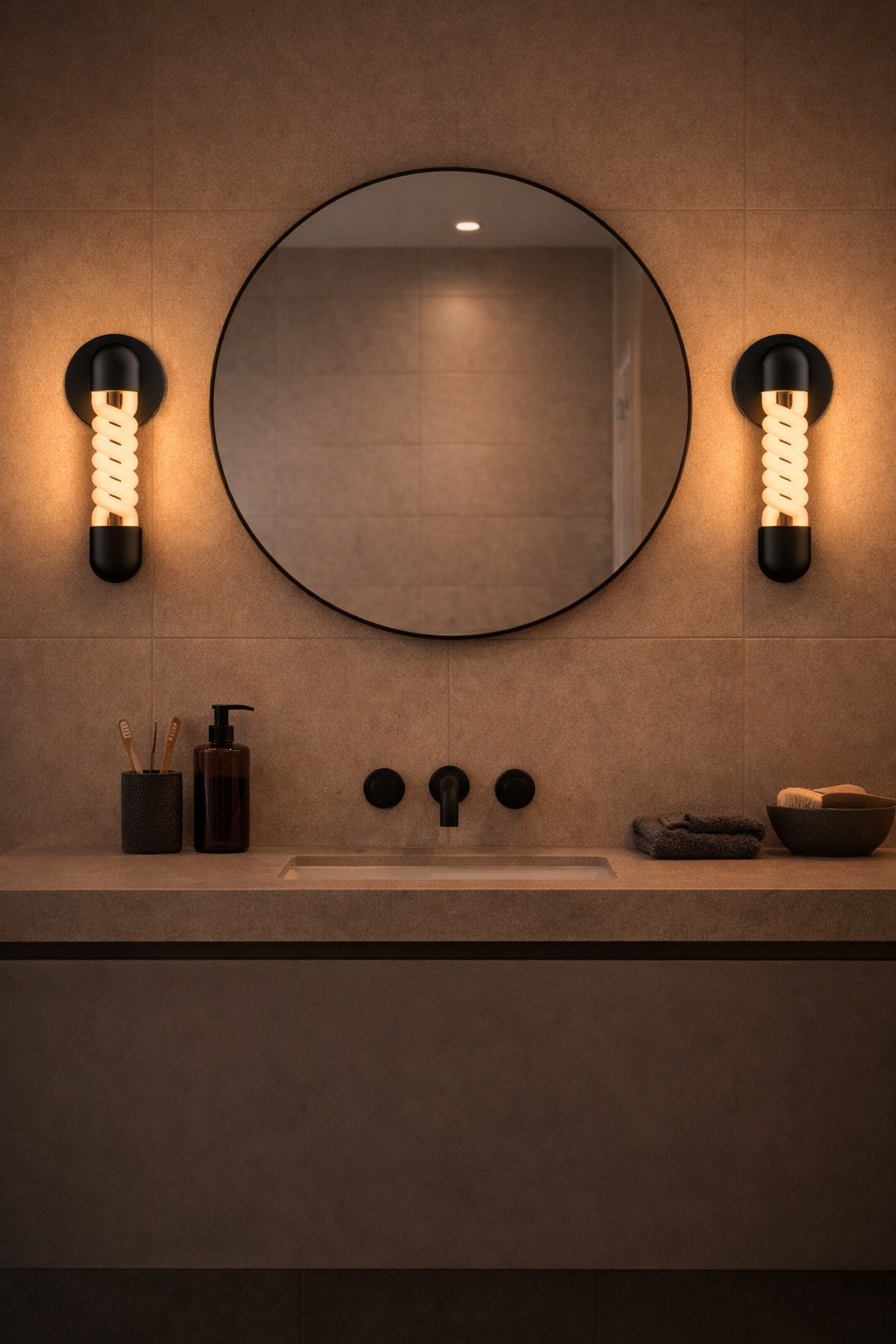Two Helix wall lights flanking a round mirror above a stone bathroom vanity.