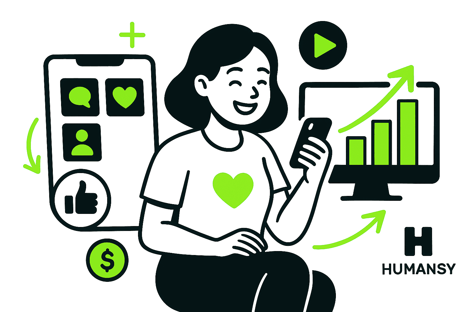 Smiling woman using smartphone with social icons and analytics, representing social media marketing in ecommerce marketing tactics.
