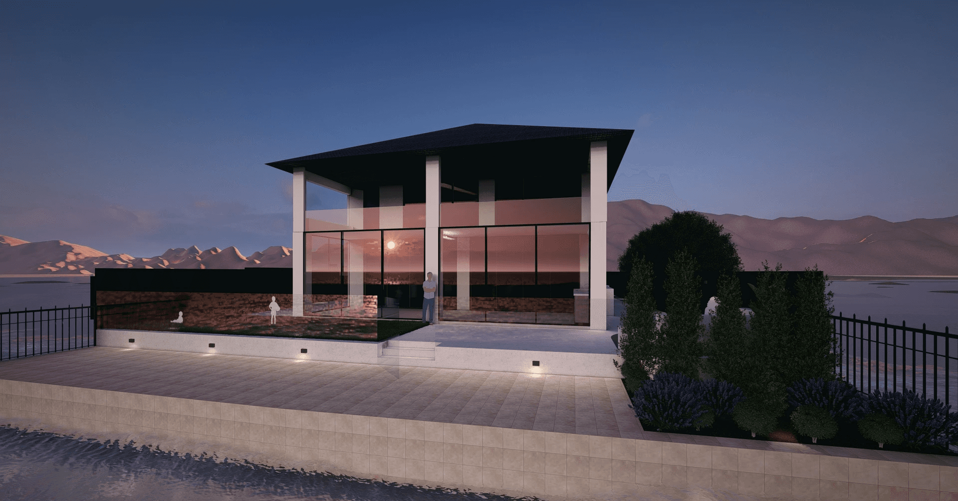 Modern minimalist home office with a built-in daybed, sleek desk, floating shelves, warm ambient lighting, and a large window with blinds.