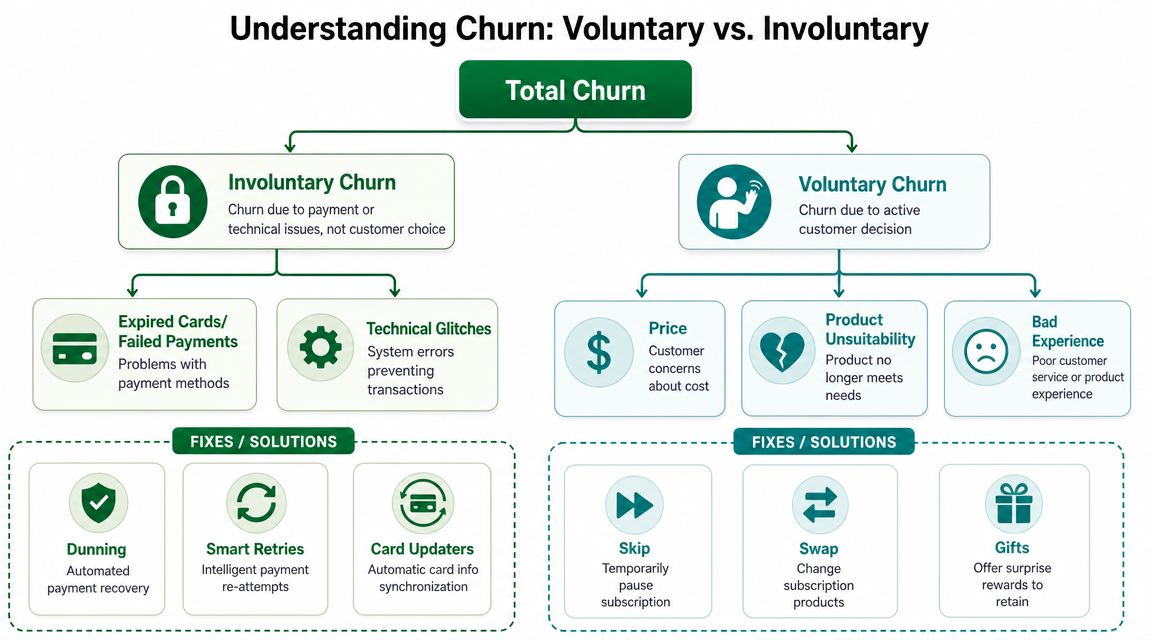 A flowchart comparing voluntary and involuntary churn with corresponding explanations and solution strategies for each type.