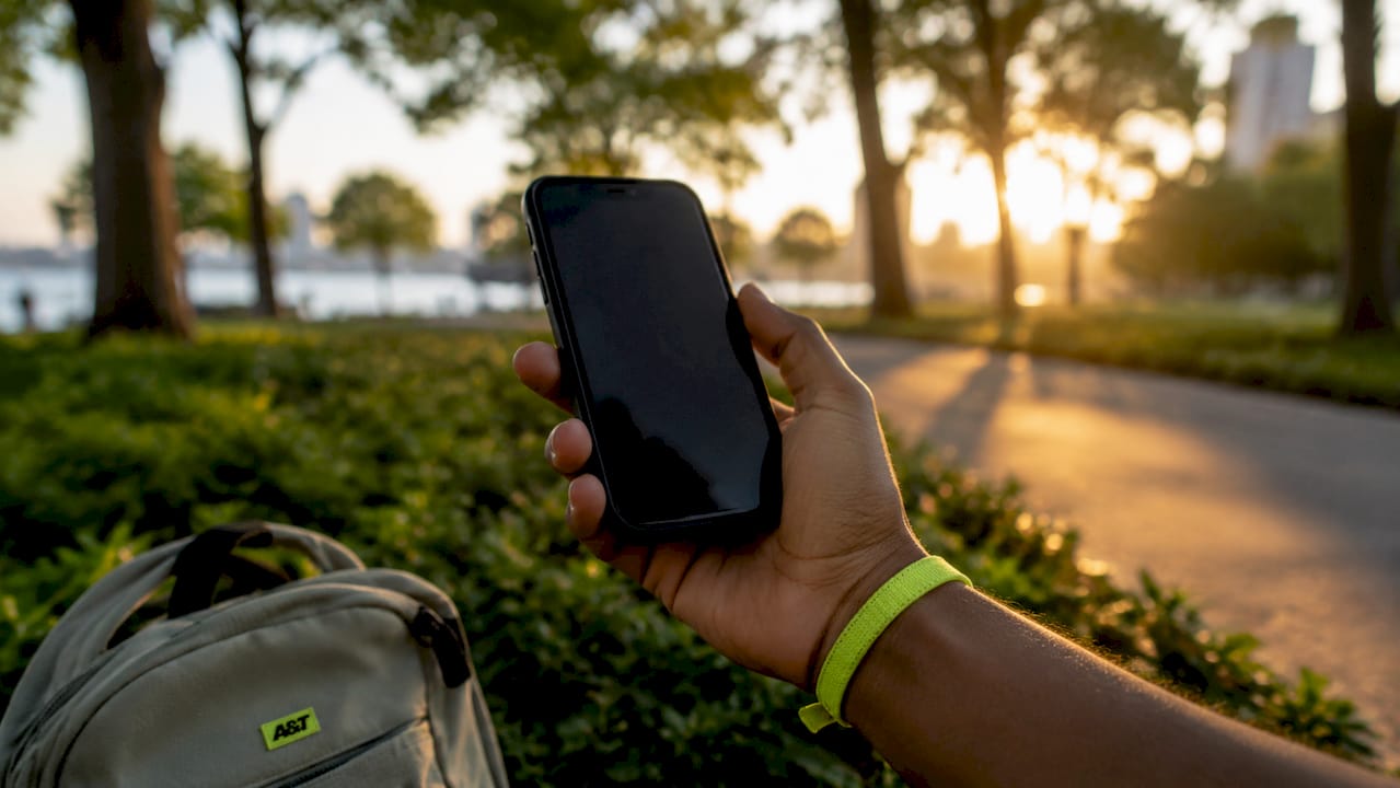 Hand holding smartphone outdoors in urban setting