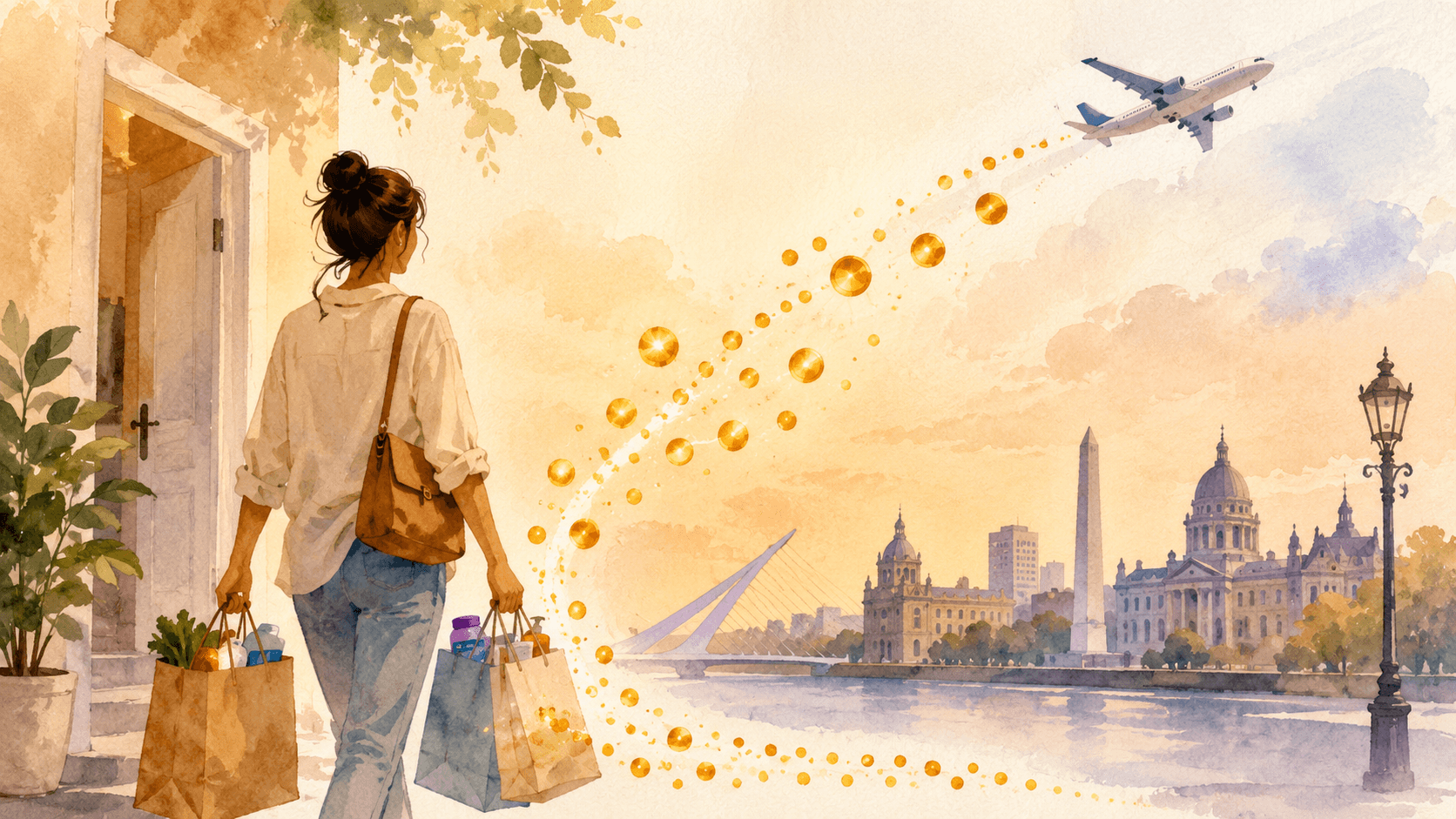 Ilustração em aquarela digital mostrando pessoa com sacolas e trilha de pontos rumo a avião e Buenos Aires, representando compras que viram viagem