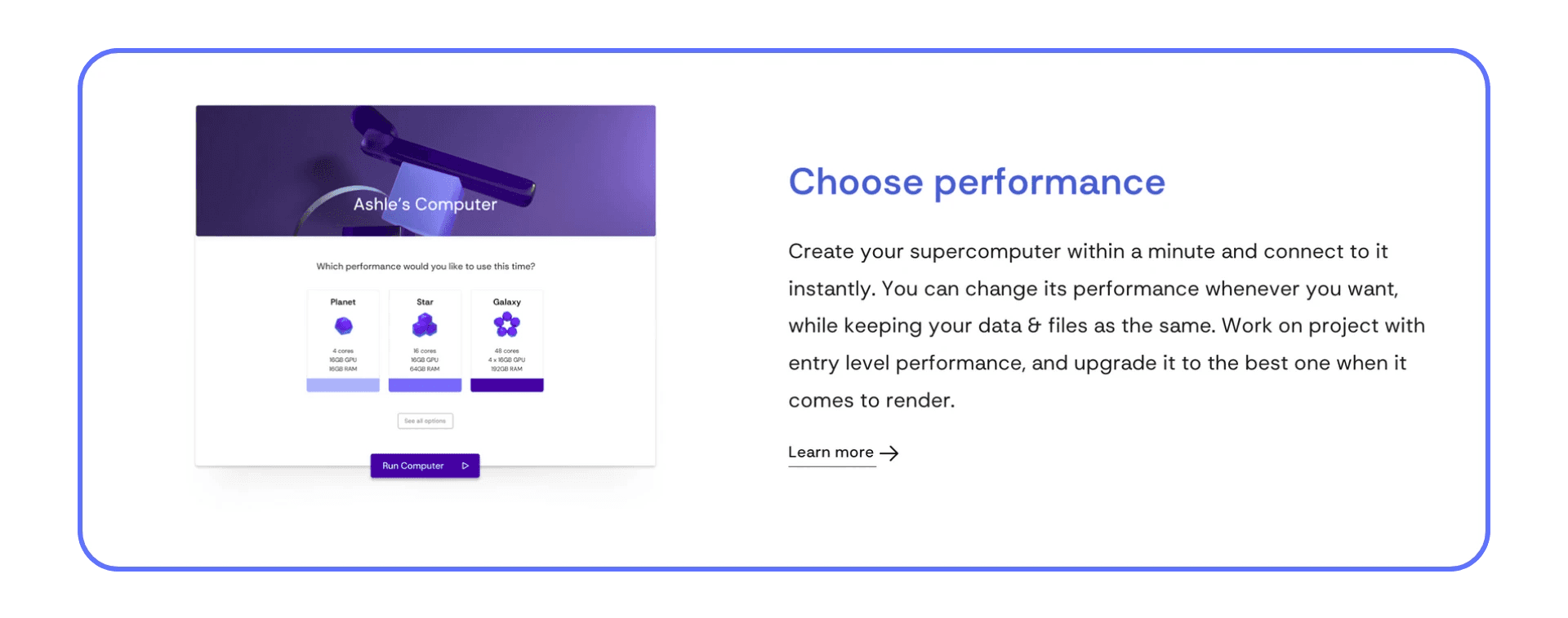Vagon Cloud Computer performance selection screen for cloud workstations