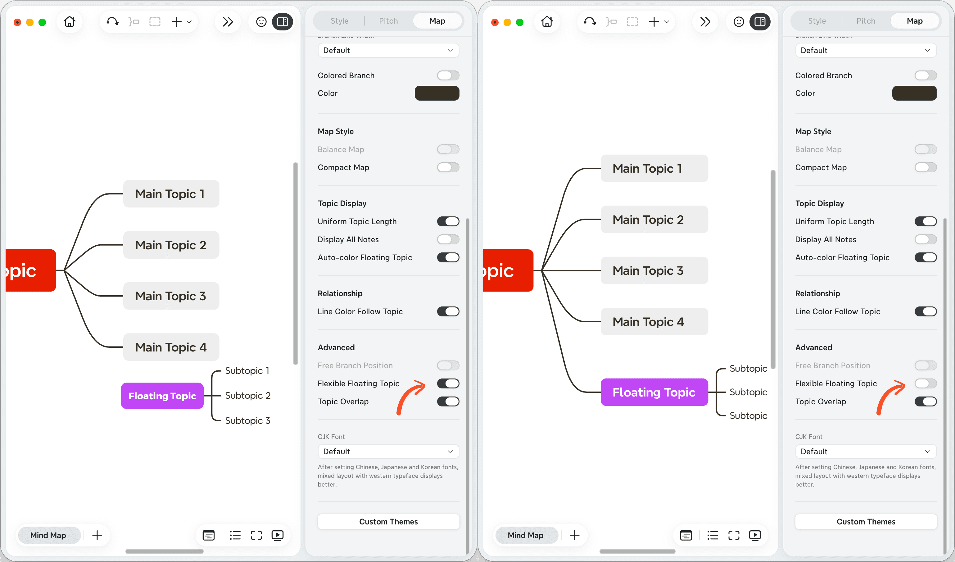 Short clip showing Flexible Floating Topics being enabled in the Format Panel, then a Floating Topic being dragged freely to a new position on the sheet.