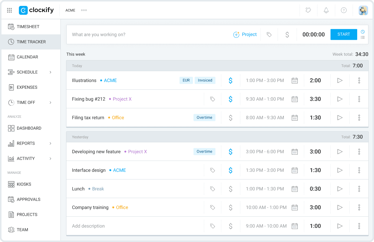A screenshot of the time-tracking software, Clockify
