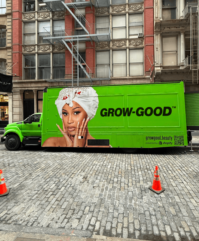 Grow-Good Beauty tour activation — Cardi B beauty bus at live events, product display, fan engagement