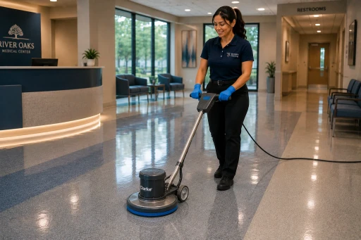 A smiling commercial floor care specialist with Brenda's Cleaning service operating an industrial Clarke floor buffer machine to polish and strip glossy vinyl composite tile (VCT) flooring. Dressed in a company-branded navy blue uniform polo shirt, black work trousers with a belt, black shoes, and blue protective gloves, she is maintaining the high-traffic corridor. The scene highlights professional healthcare facility floor maintenance, medical center floor scrubbing, and commercial janitorial services inside a modern clinic lobby featuring a reception desk with a sign reading "RIVER OAKS MEDICAL CENTER," a seating area, and a hallway leading toward the restrooms.