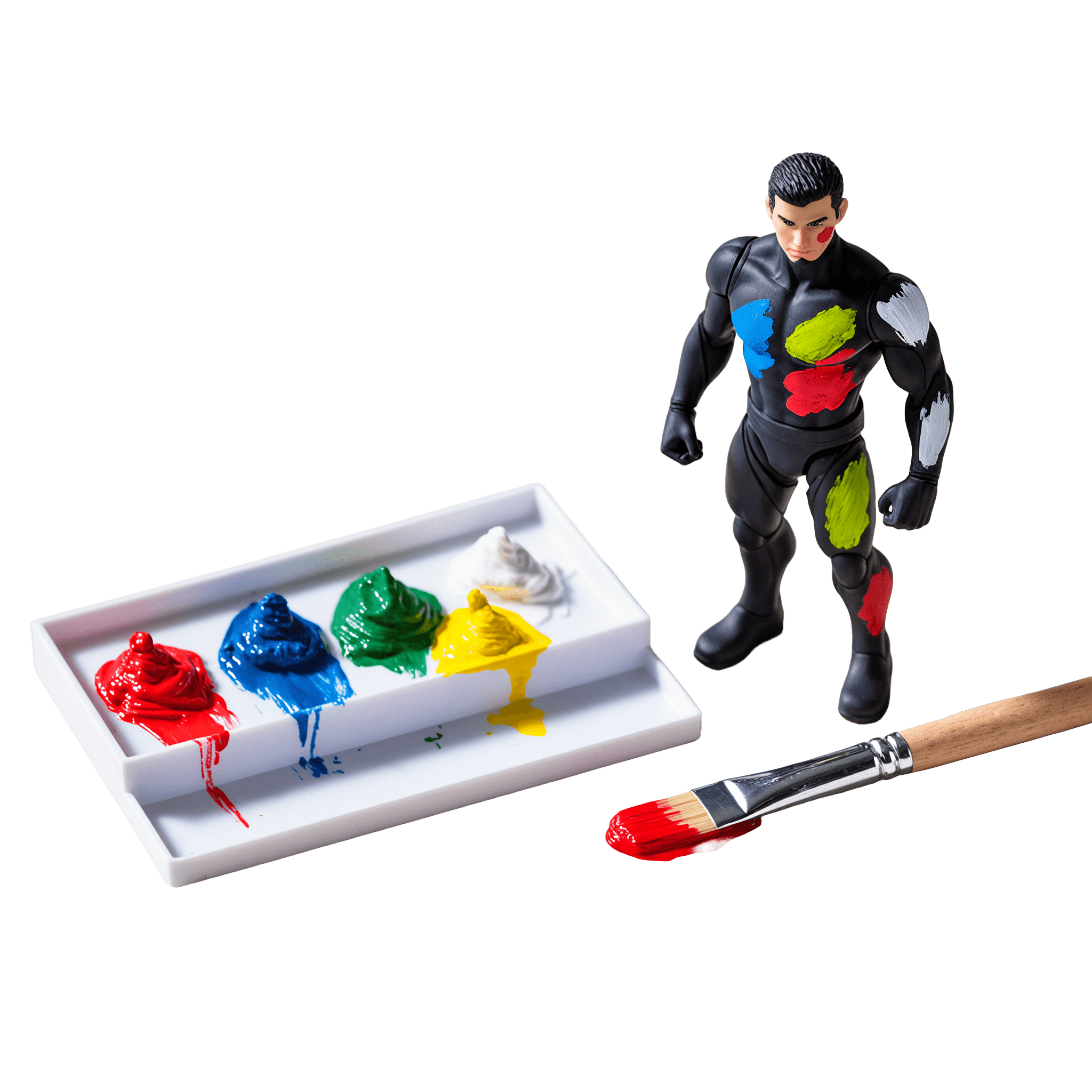  Figurka černé postavy s barevnými fleky vedle bílé palety s červenou, modrou, zelenou, žlutou a bílou barvou, na světlém pozadí