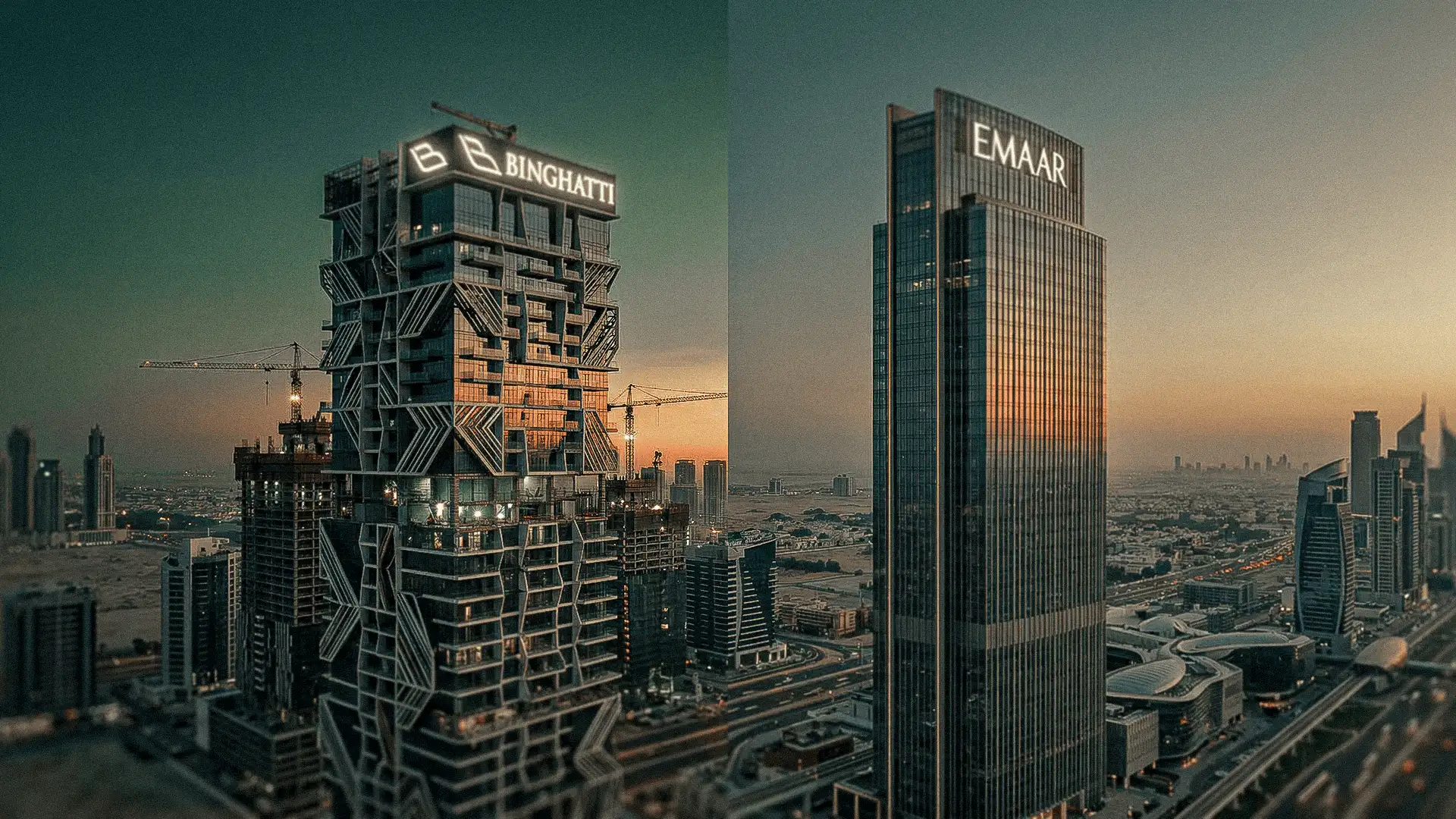 Comparación de promotoras inmobiliarias premium con edificios modernos en ciudad.