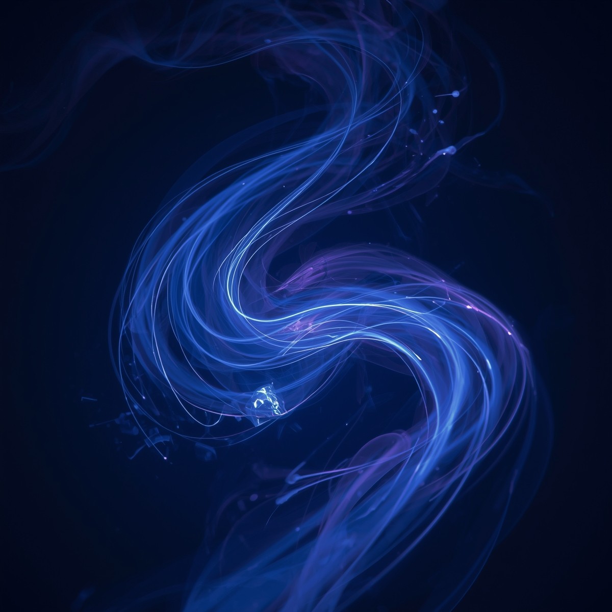 Abstract visualization of a restless mind, with swirling blue and purple lines of light representing racing thoughts that cause insomnia.