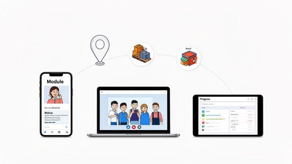 Digital devices illustrate a business workflow, connecting location, logistics, retail, and progress monitoring.