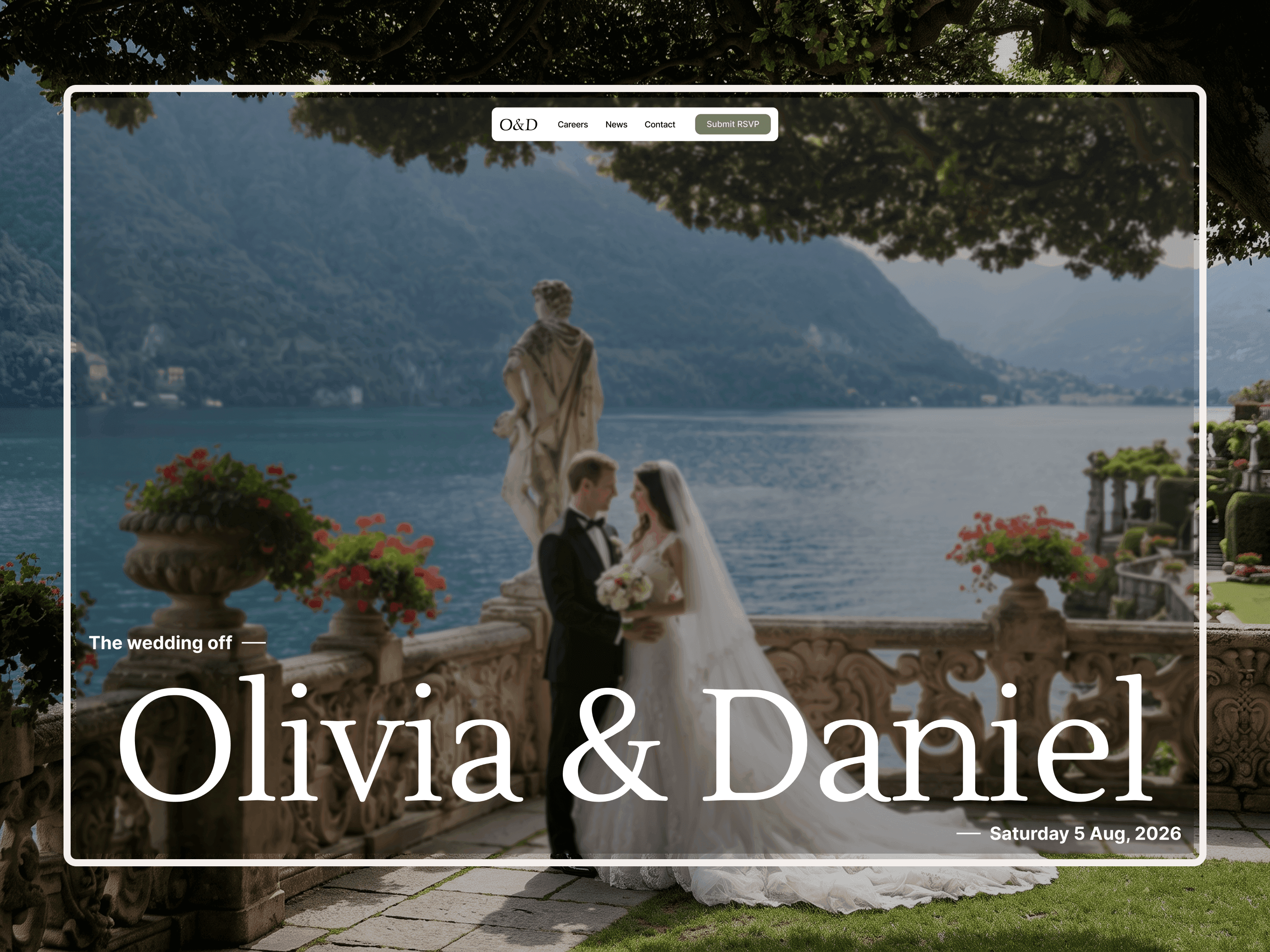 Weddingly wedding website template showing the couple’s names, wedding date and RSVP button