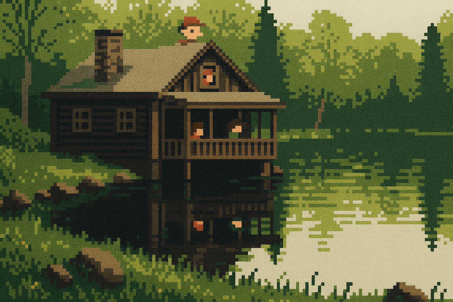 A 8 bit lakehouse being explored by a team of people