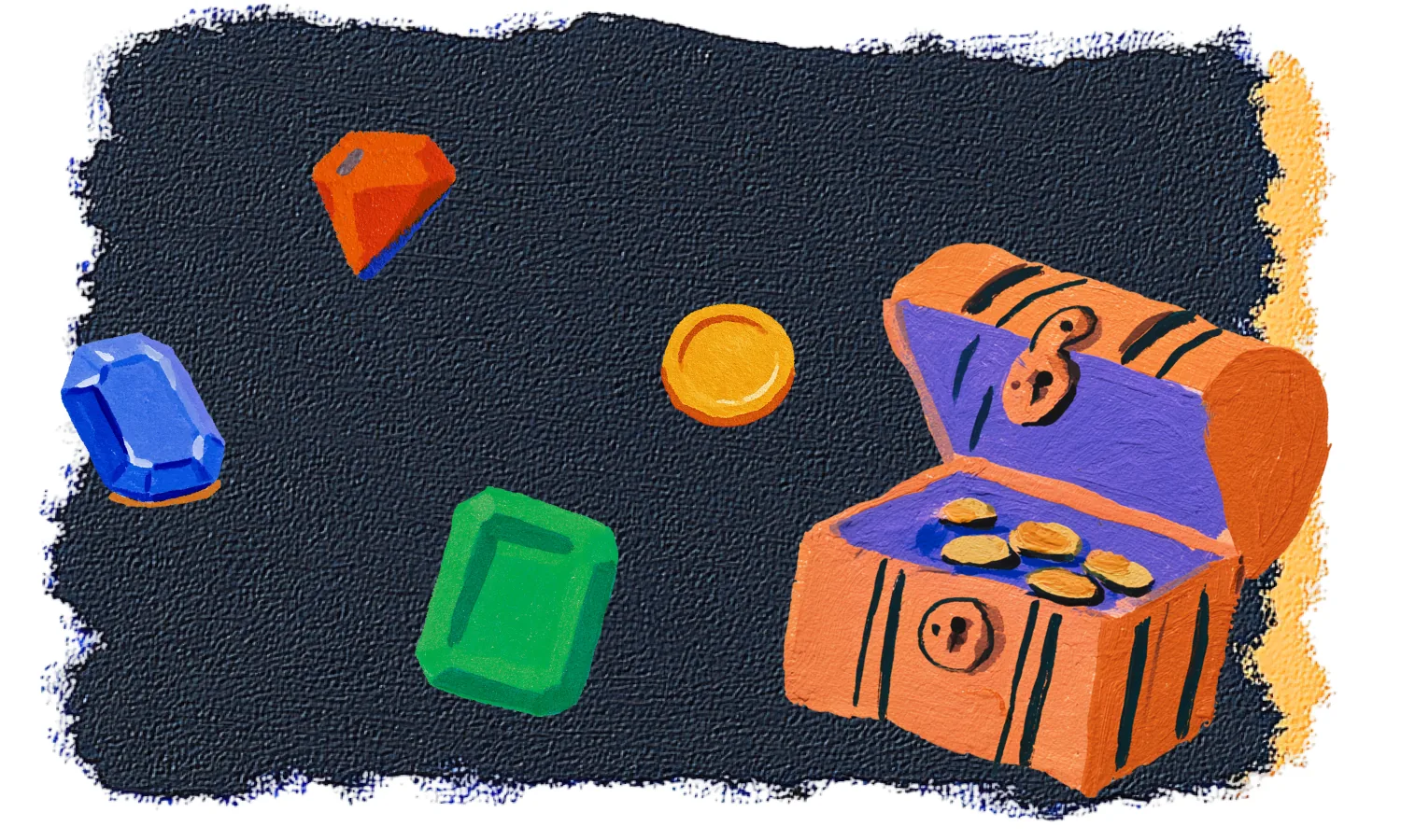 An open treasure chest of gold coins surrounded by floating gemstones, illustrating Floating Castle's free audit offer