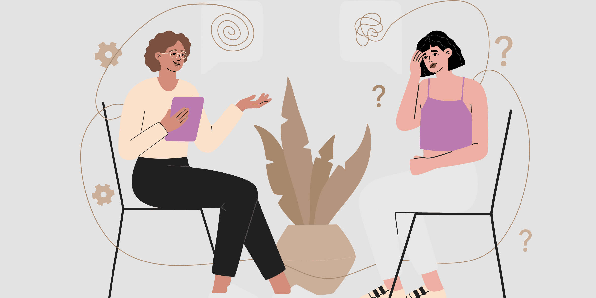 A therapist and a patient sitting on two chairs. There is  a plant in between them. The image illustrates trauma-informed approach. 