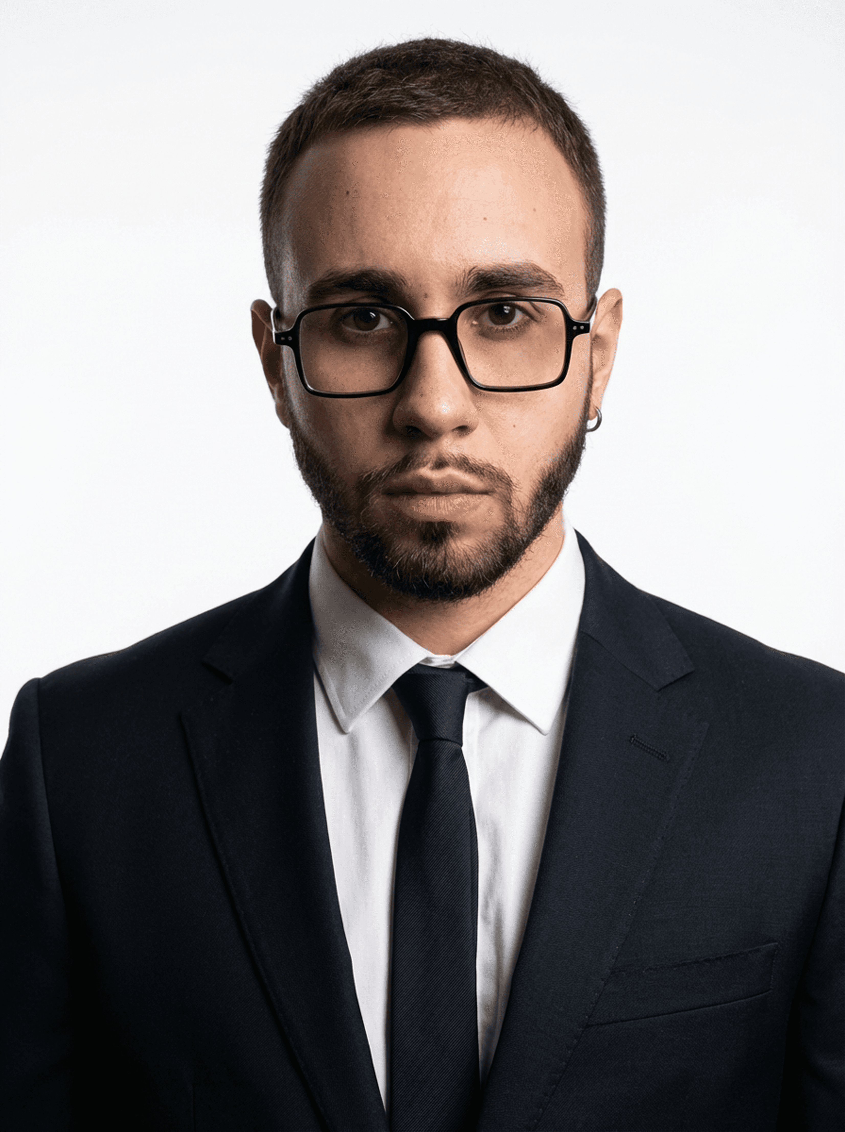Portrait of a woman with long, smooth hair swept to the side, in a dark t-shirt, on a plain background.