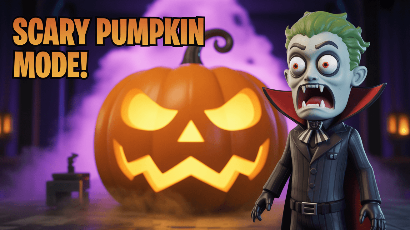 Fortnite-style vampire character beside giant glowing pumpkin with Scary Pumpkin Mode title