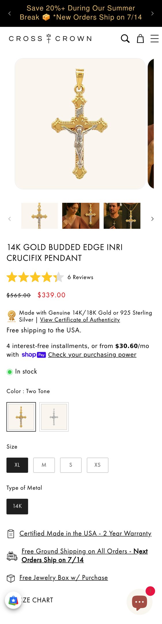 Jewelry product options include: pendant for 14K Gold Budded INRI Crucifix Pendant Made in USA| Religious Jewelry from Cross + Crown.