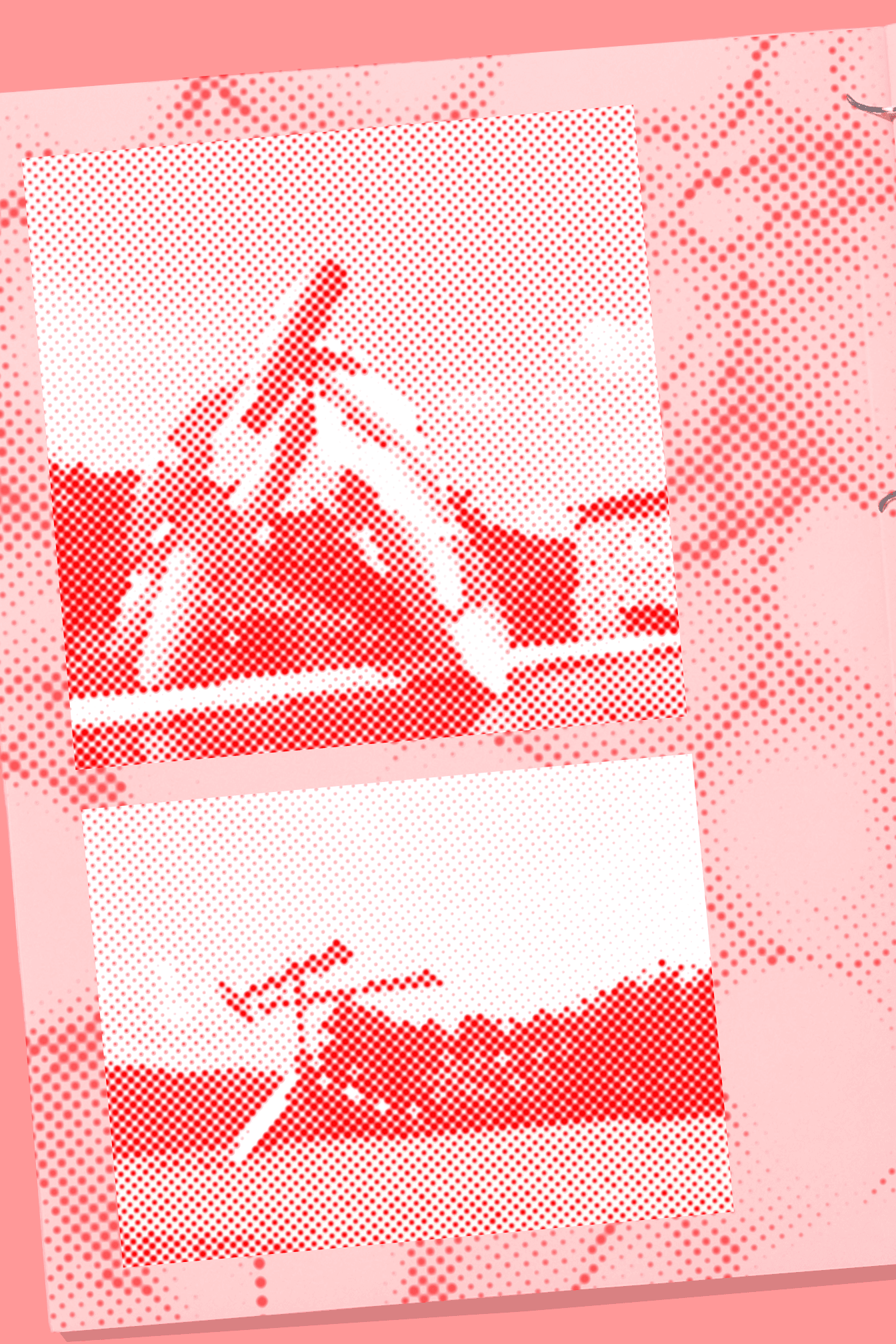 Retrica Halftone crimson preset — everyday photos in an all-red halftone zine layout