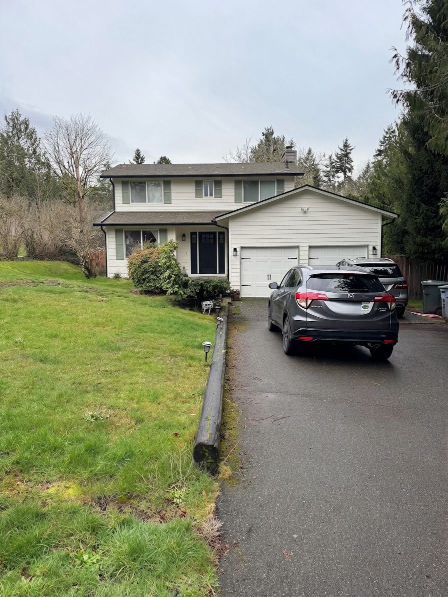 Warm white siding with sage shutters and matte black front door