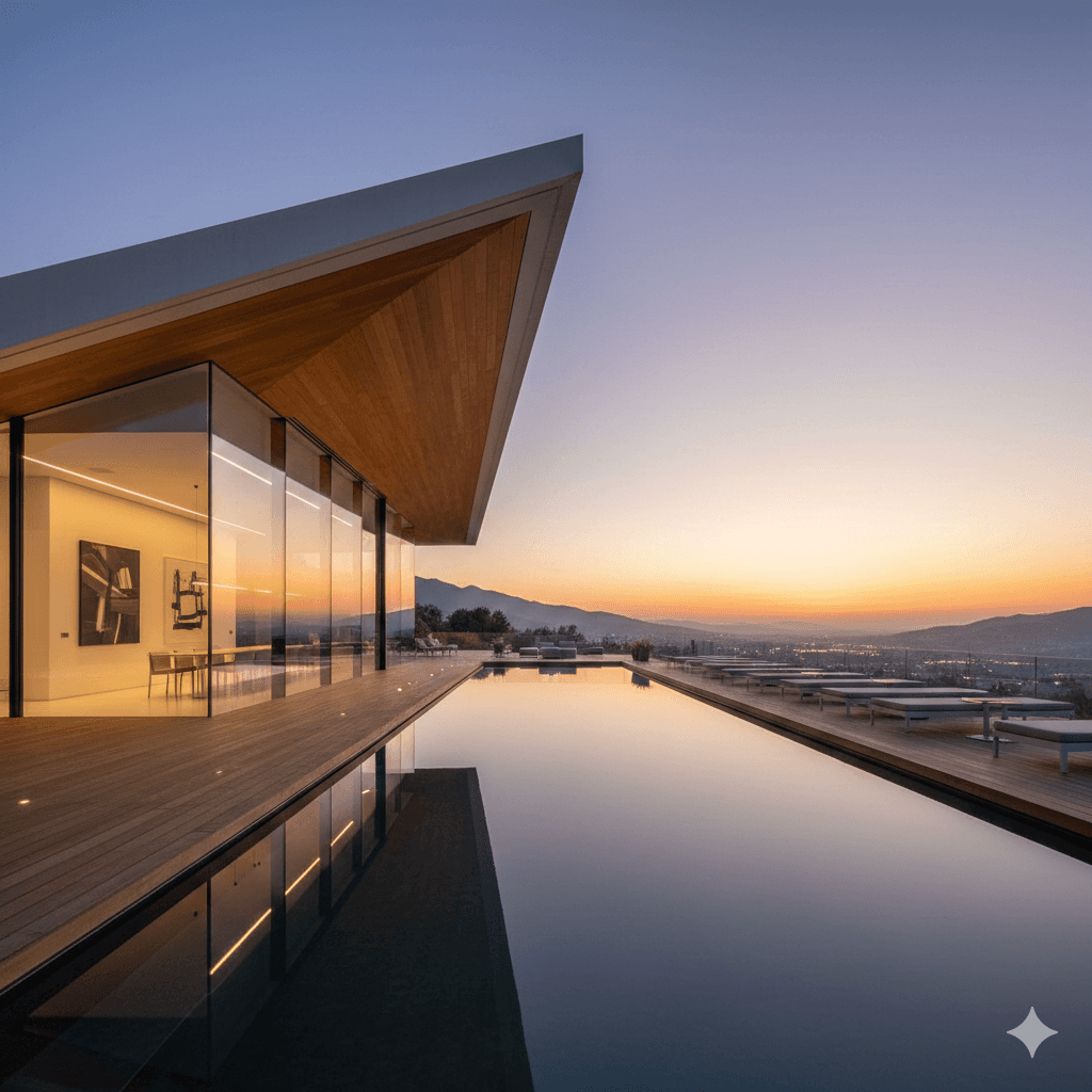 Modern house with glass walls, a sloped roof, and a wooden deck beside a serene infinity pool at sunset; cityscape and mountains in the background.