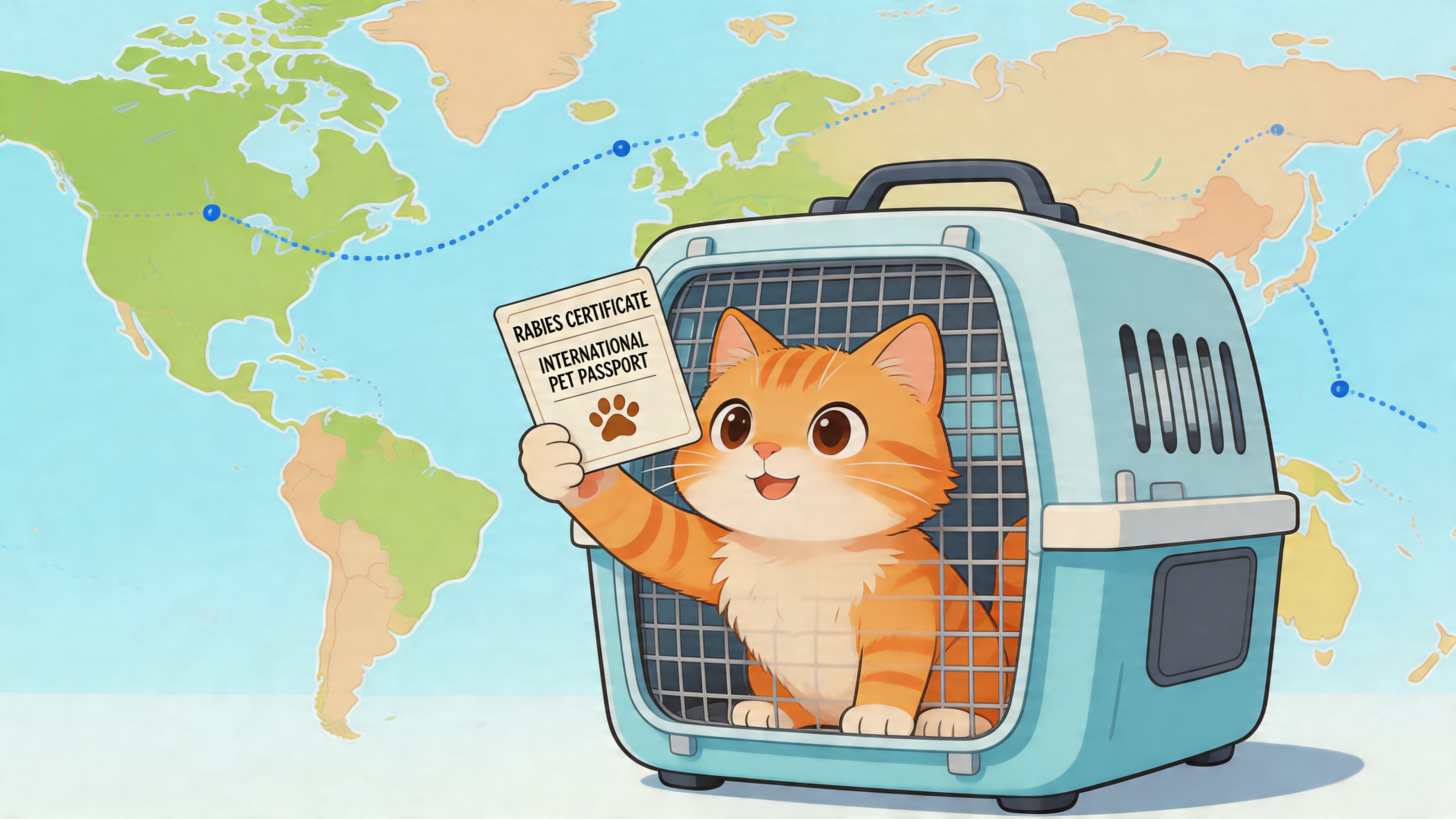 A cute orange tabby cat sitting in a travel carrier holding an international rabies pet passport certificate.
