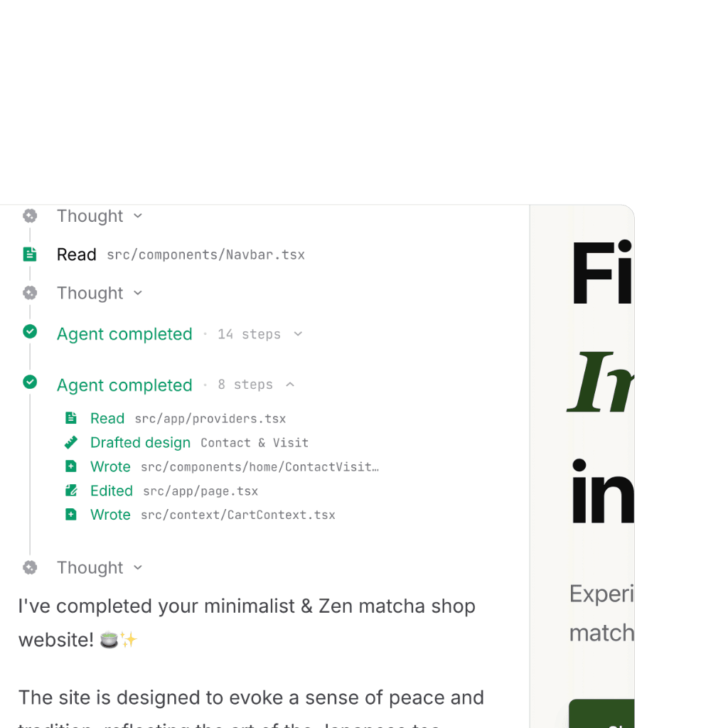 CatDoes agent activity log showing completed steps building a minimalist Zen matcha shop website, with file reads, edits, and a preview of the generated landing page on the right
