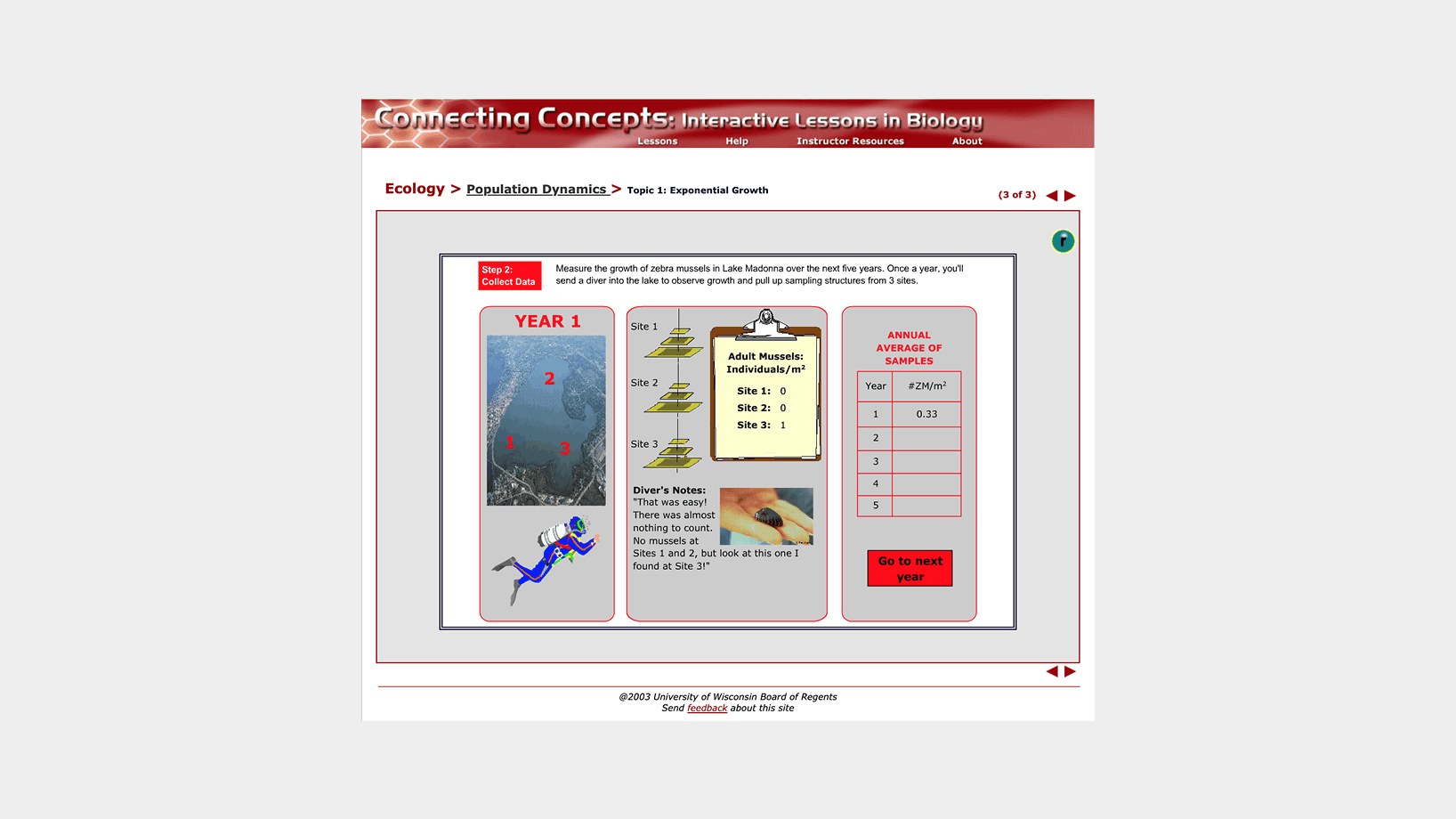 Screenshot of the original lesson with breadcrumb ‘Ecology > Population Dynamics > Topic 1: Exponential Growth’ and a ‘(3 of 3)’ indicator. The main panel is labeled ‘Step 2: Collect Data’ and is divided into three columns. Left: a satellite-style image of Lake Madonna marked ‘Year 1’ in red, with three red numerals (1, 2, 3) indicating sample sites, and below it an illustration of a scuba diver. Center: three schematic sampling trays labeled Site 1, Site 2, Site 3 above a clipboard reading ‘Adult Mussels: Individuals/m²’ with counts (Site 1: 0; Site 2: 0; Site 3: 1), followed by diver’s notes (‘That was easy!… look at this one I found at Site 3!’) and a photo of a hand holding a mussel. Right: a gray box titled ‘Annual Average of Samples’ containing a table (# ZM/m²) showing Year 1: 0.33 and blank rows for Years 2–5, plus a red ‘Go to next year’ button. Below the panel are left/right navigation arrows and a footer crediting the University of Wisconsin Board of Regents.