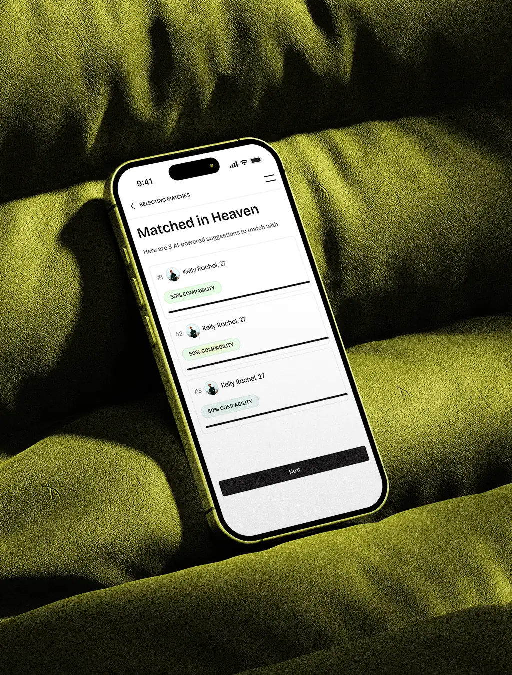 Mobile mockup showing the matched in heaven feature, where users get 3 suggested matches.