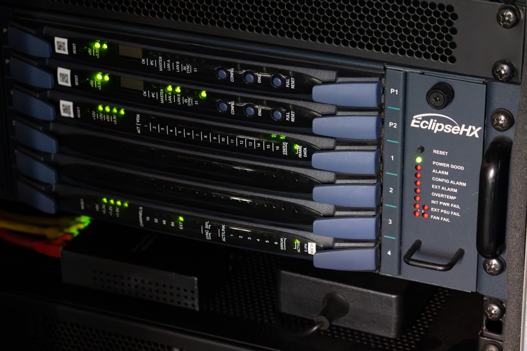 Front view of an Eclipse HX rack frame showing modules, ports, and physical connectivity.