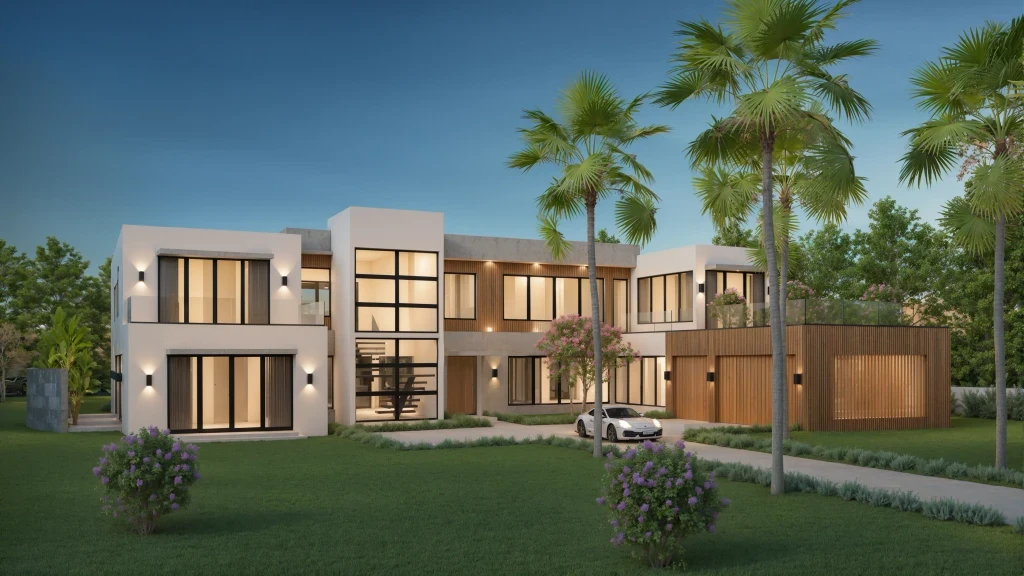 Dusk rendering of a luxury Miami home with wood-slat garage, large windows, palm trees, and a sports car in the driveway