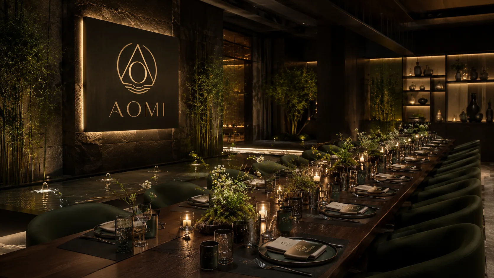 AOMI evening — warm candlelit botanical bar