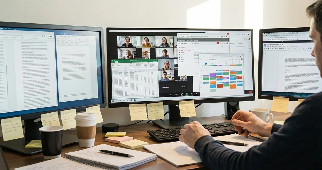 המחשה ויזואלית של 'מלכודת הפרגמנטציה' (The Fragmentation Trap) ב-UX Research: מאפיין UX עובד בסביבת עבודה כאוטית עם שלושה מסכים עמוסים בערבוב של כלים נפרדים (Disparate Tools) כמו שיחות וידאו, יומנים וגיליונות נתונים. התמונה מייצגת את ה-'Productivity-killing loop' שגורמת לאובדן תובנות והאטת קצב העבודה לפני האיחוד לפלטפורמה אחת.