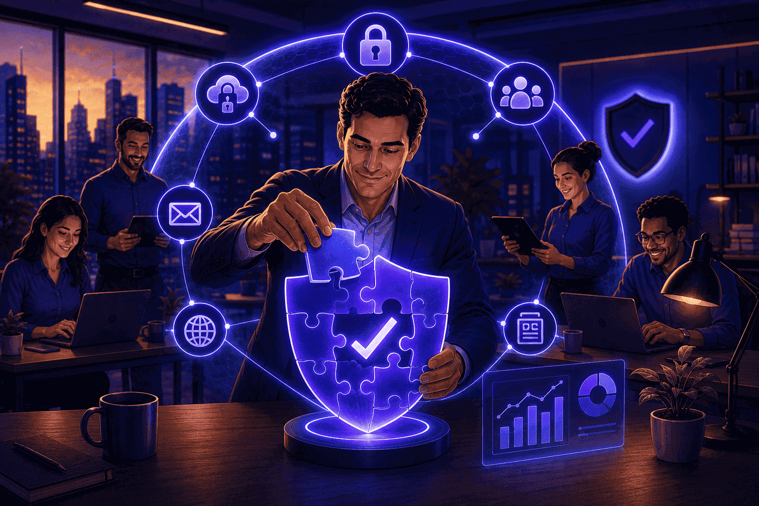 Manager actively building a secure work environment while employees collaborate safely, representing continuous data protection and proactive security management.