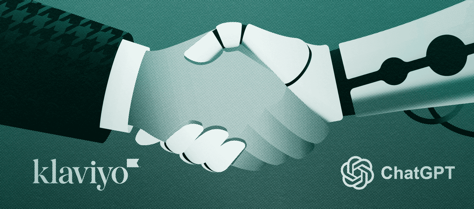 Illustration of a handshake between Klaviyo and ChatGPT logos, symbolizing integration and AI-powered lifecycle marketing collaboration.