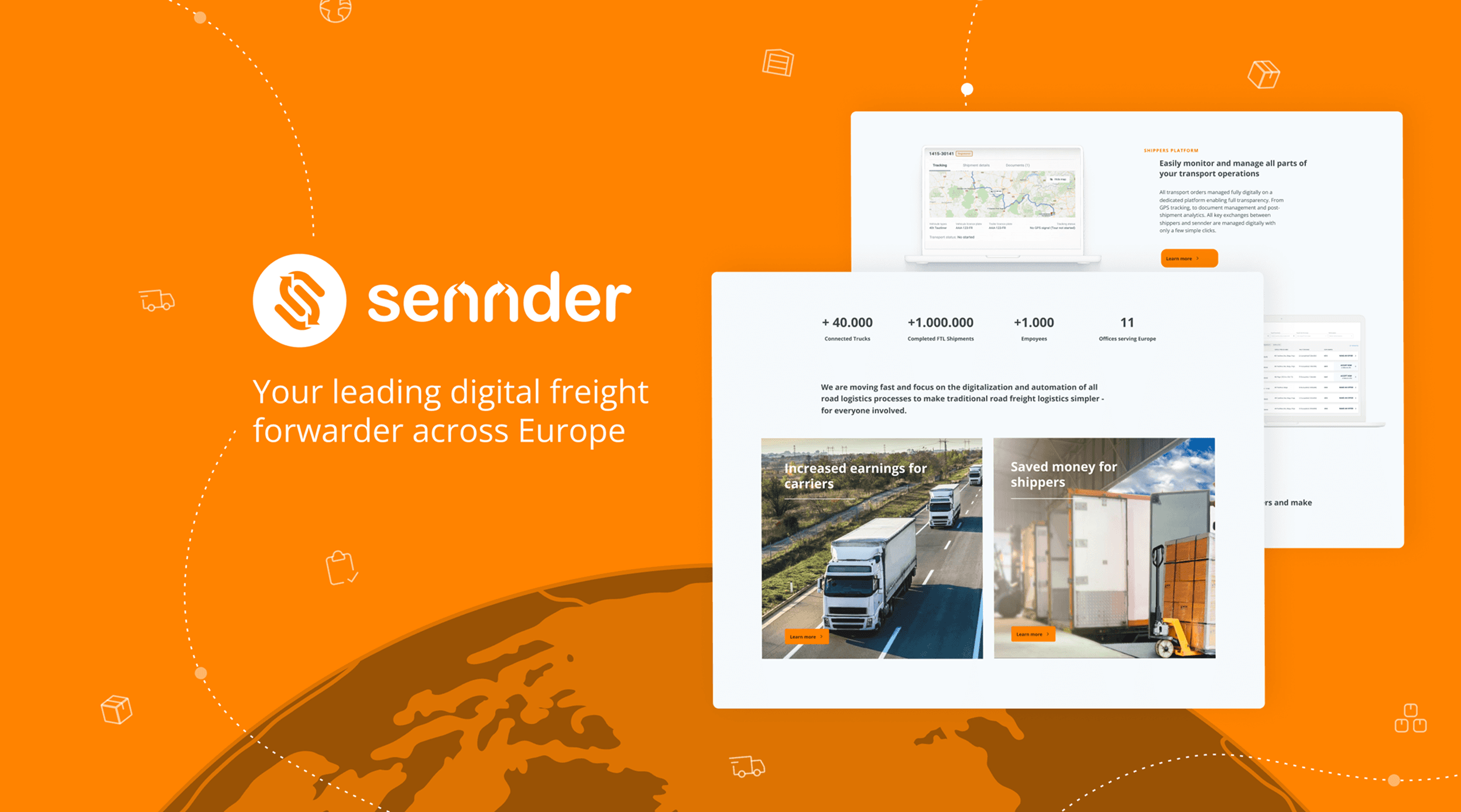 Teaser mit Slogan "sennder - „Your leading digital freight forwarder across Europe“, zwei eingeblendete Screenshots zeigen die Plattformoberfläche, darunter Infos und Kennzahlen zu verbundenen LKWs, Sendungen und Mitarbeitenden", Routenanzeige für einfaches Monitoren von Sendungen.